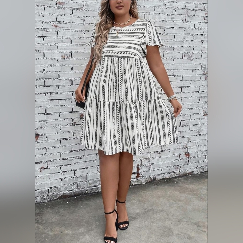 Women’s 1XL White Black Striped Print Midi Spring Summer Causal Dress NEW